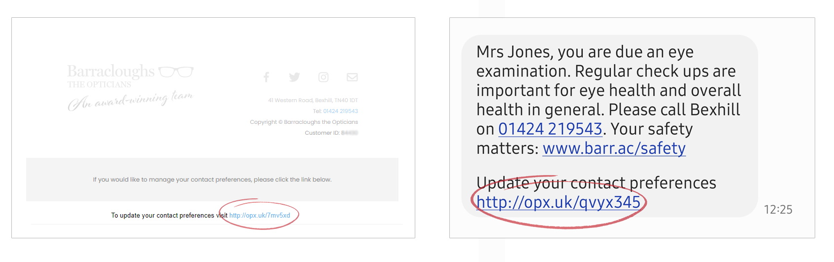 Example of email and SMS with contact preferences link