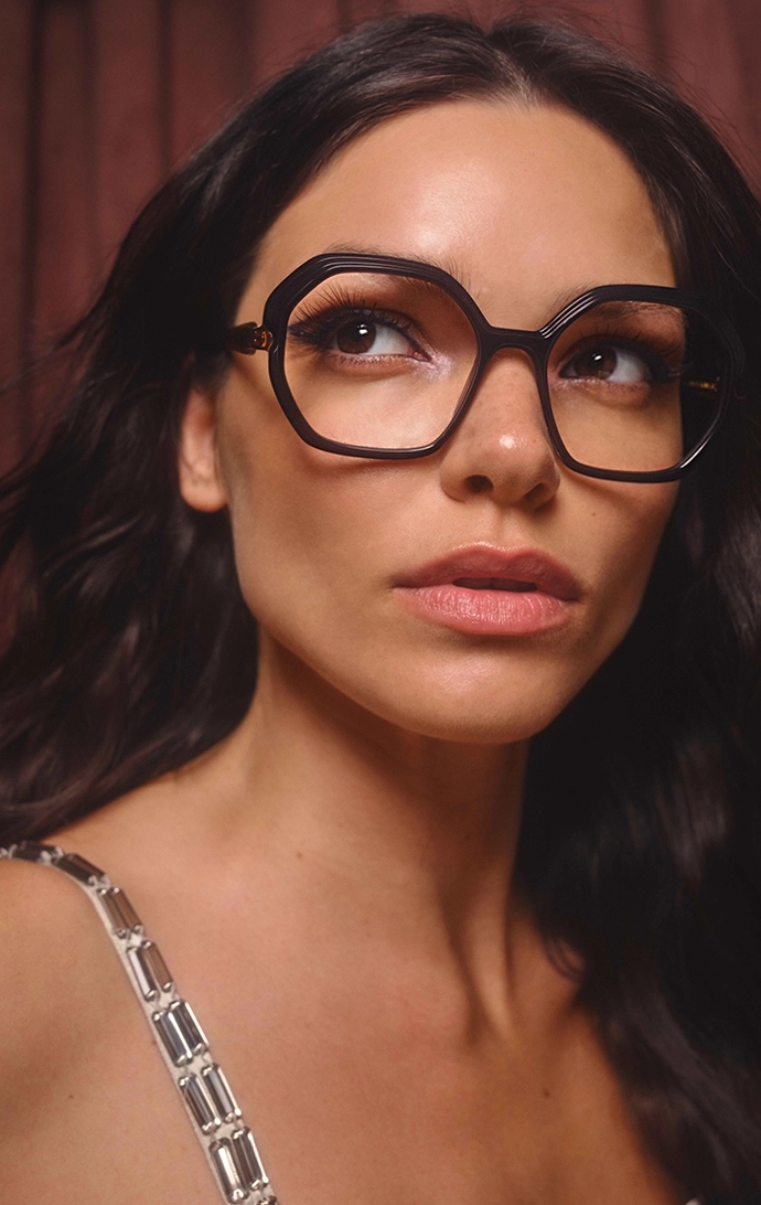 Caroline Abram model wearing a bold, black frame